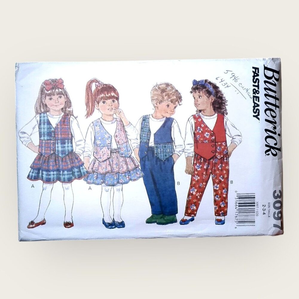 Vintage 1990s Butterick Sewing Pattern 3097 Childs Vest Top Pants Skirt Size 2-4